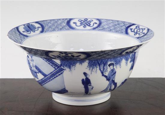 A Chinese blue and white flared bowl, Kangxi period, 21cm diam., broken and restuck